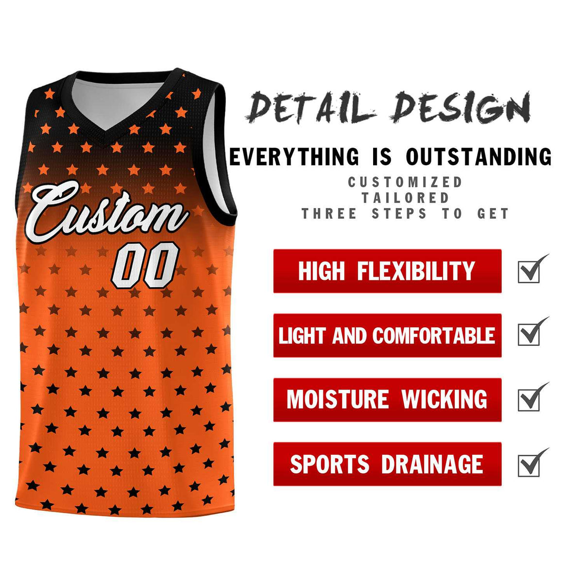 Custom Black Orange Gradient Start Pattern Basketball Jersey Sets