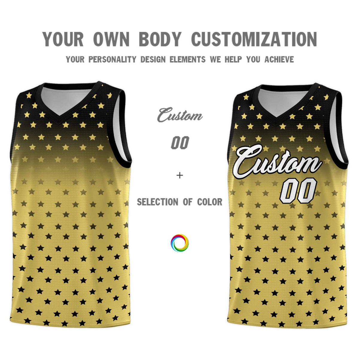 Custom Black Old Gold Gradient Start Pattern Basketball Jersey Sets