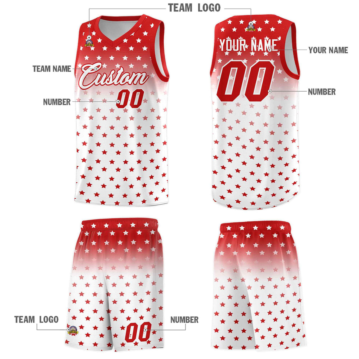Custom Red White Gradient Start Pattern Basketball Jersey Sets
