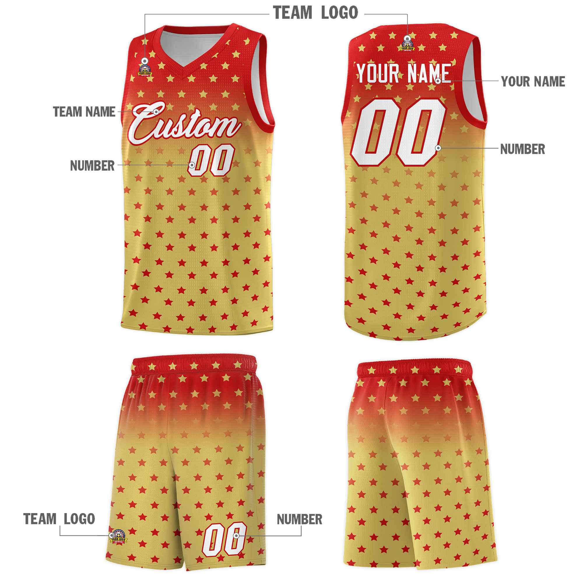 Custom Red Old Gold Gradient Start Pattern Basketball Jersey Sets