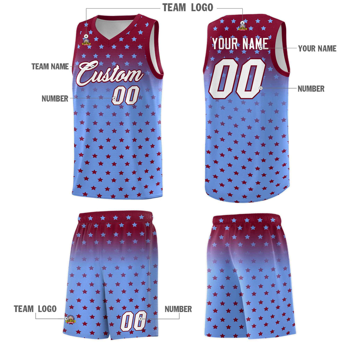 Custom Crimson Light Blue Gradient Start Pattern Basketball Jersey Sets