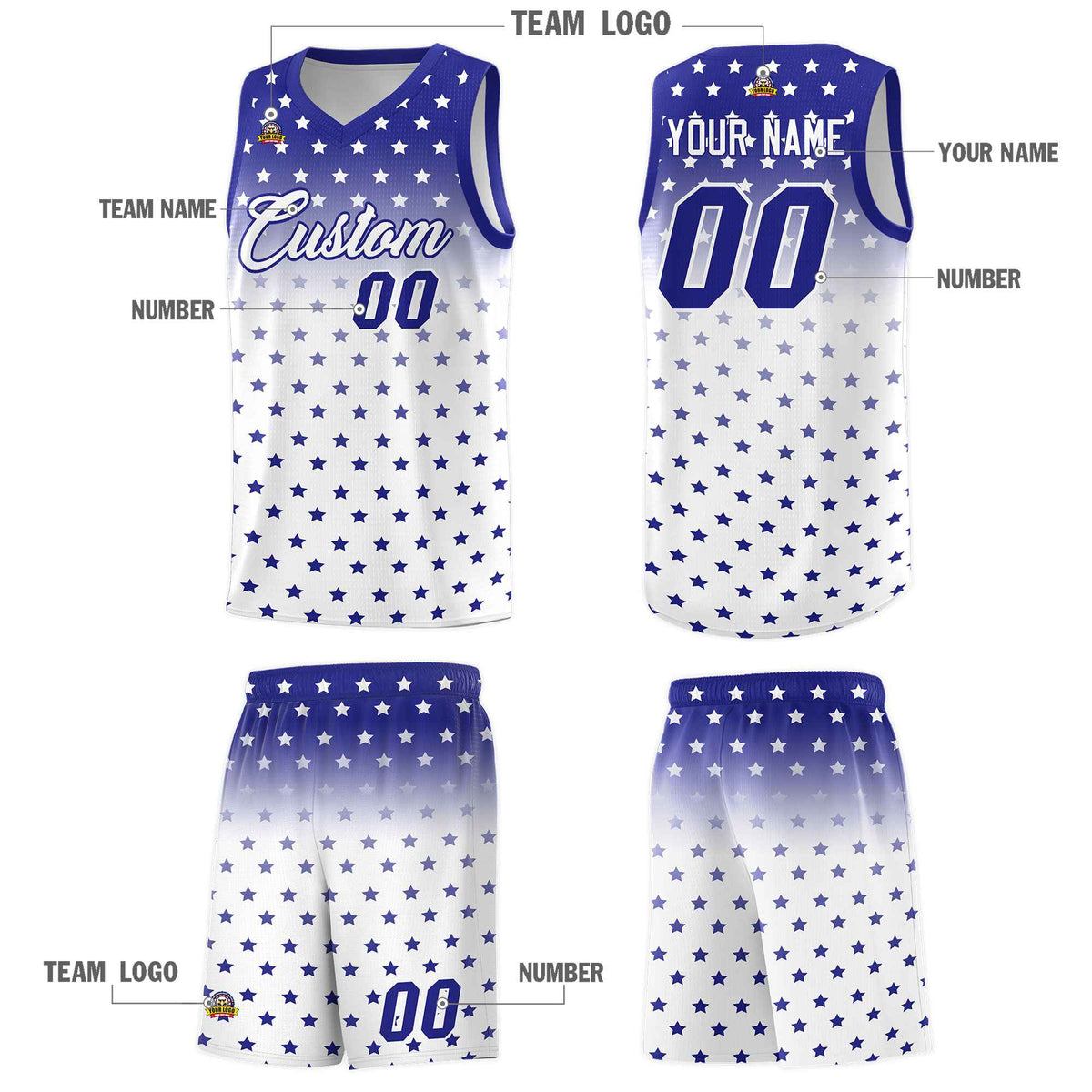 Custom Royal White Gradient Start Pattern Basketball Jersey Sets