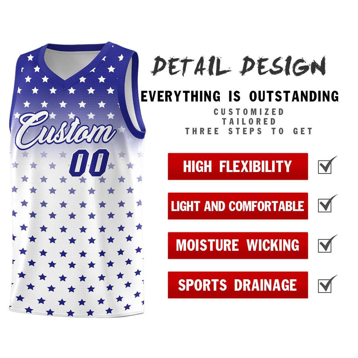Custom Royal White Gradient Start Pattern Basketball Jersey Sets