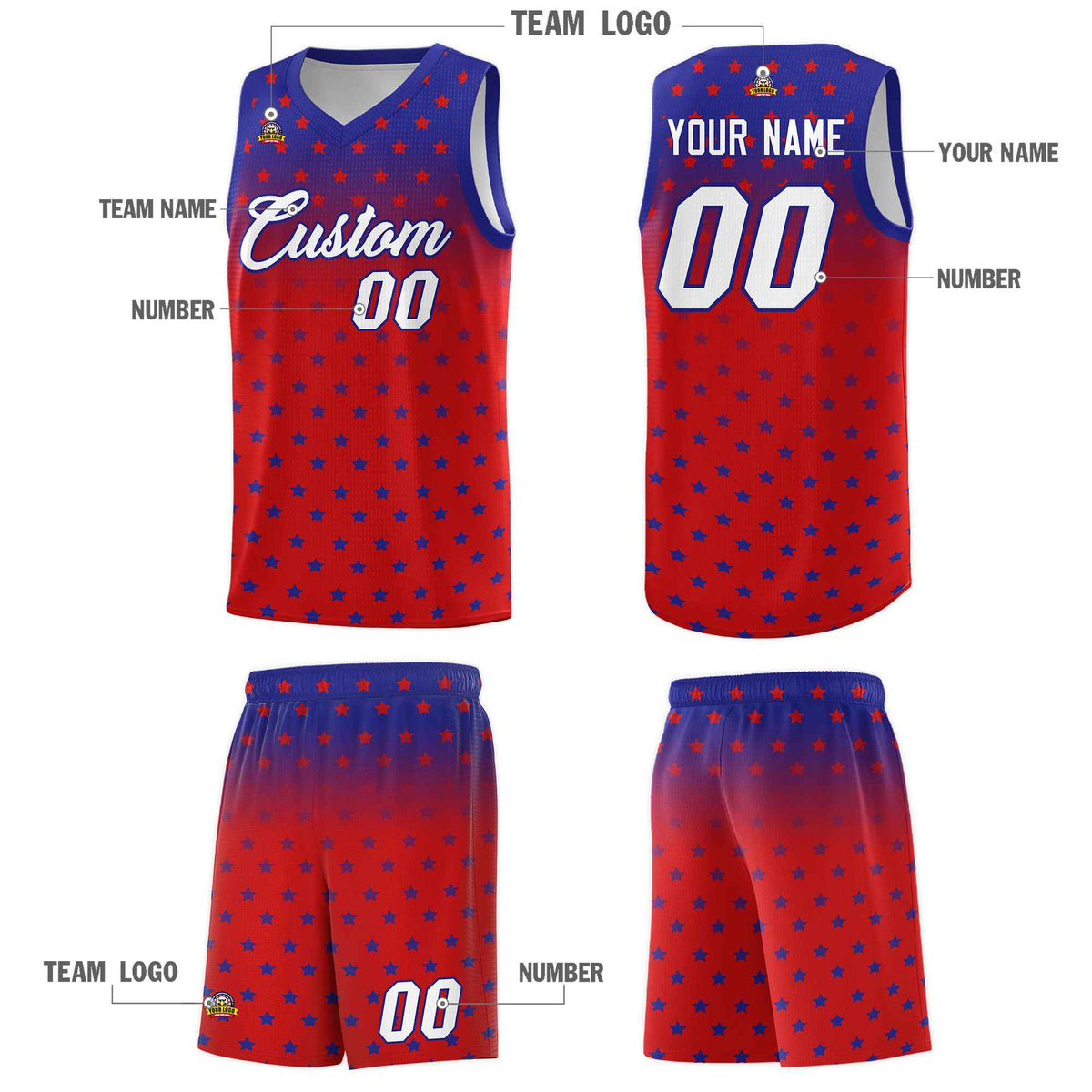 Custom Royal Red Gradient Start Pattern Basketball Jersey Sets