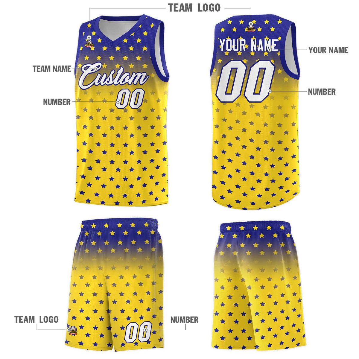 Custom Royal Gold Gradient Start Pattern Basketball Jersey Sets