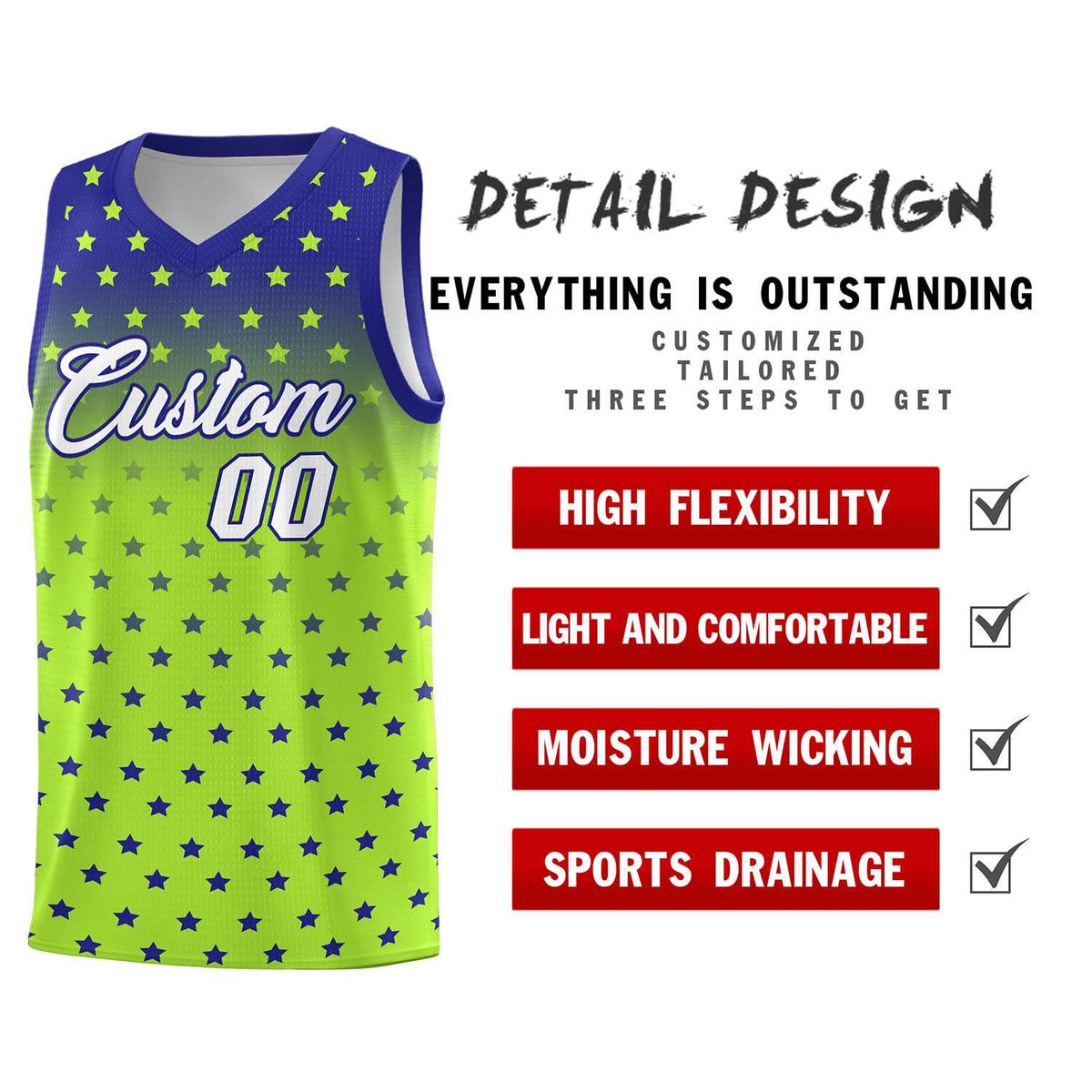 Custom Royal Light Green Gradient Start Pattern Basketball Jersey Sets