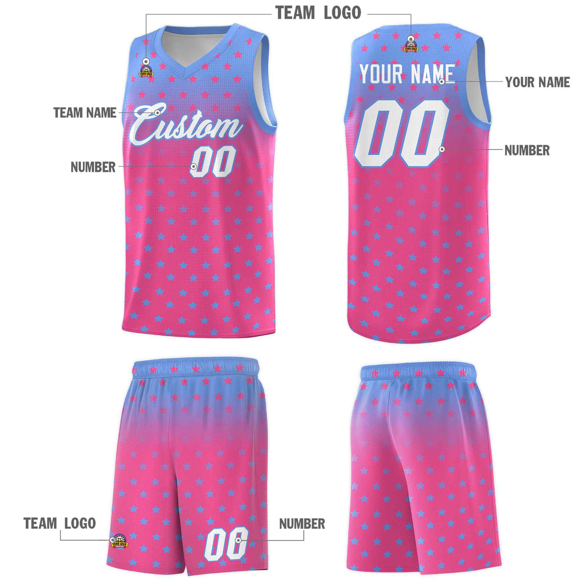 Custom Light Blue Pink Gradient Start Pattern Basketball Jersey Sets