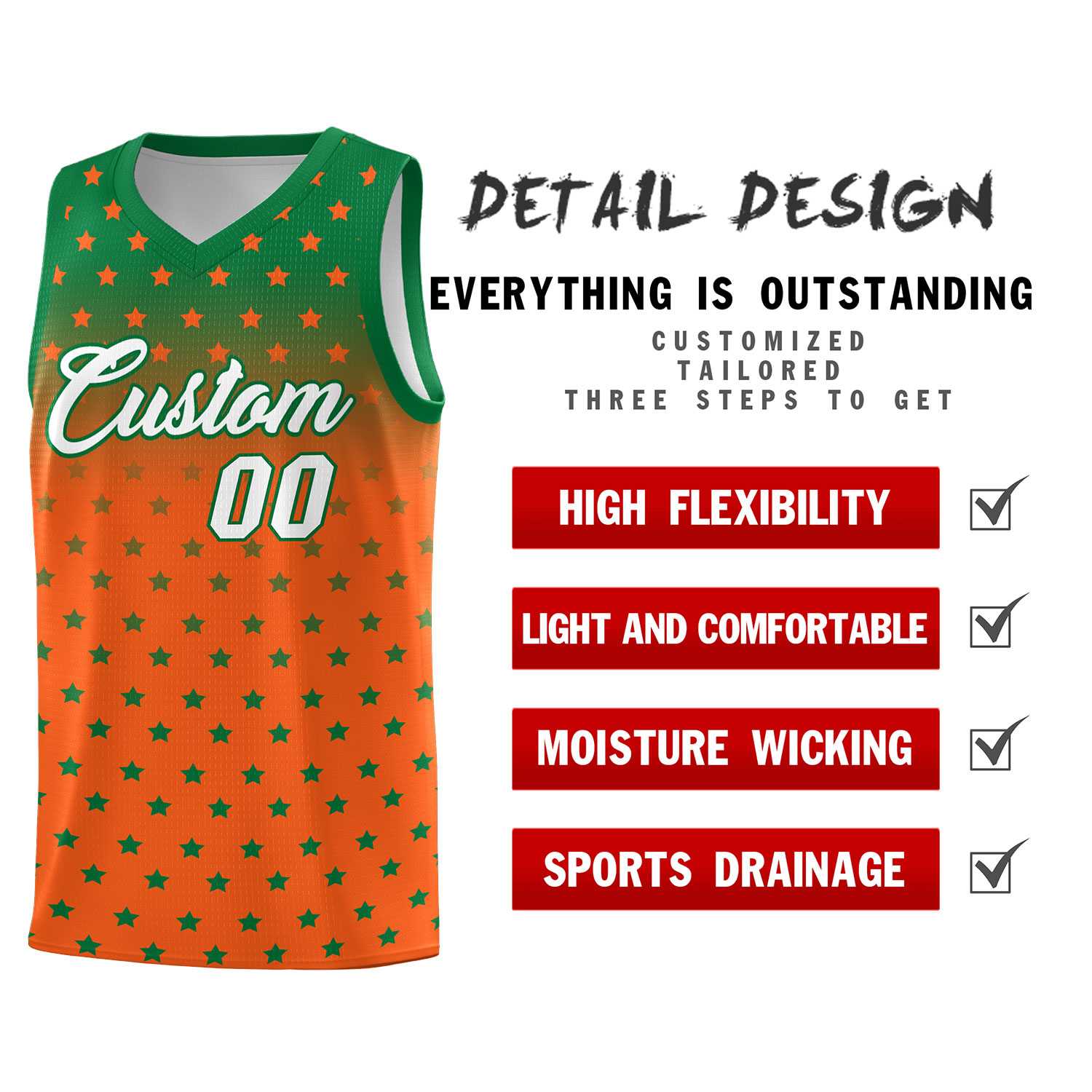 Custom Kelly Green Orange Gradient Start Pattern Basketball Jersey Sets