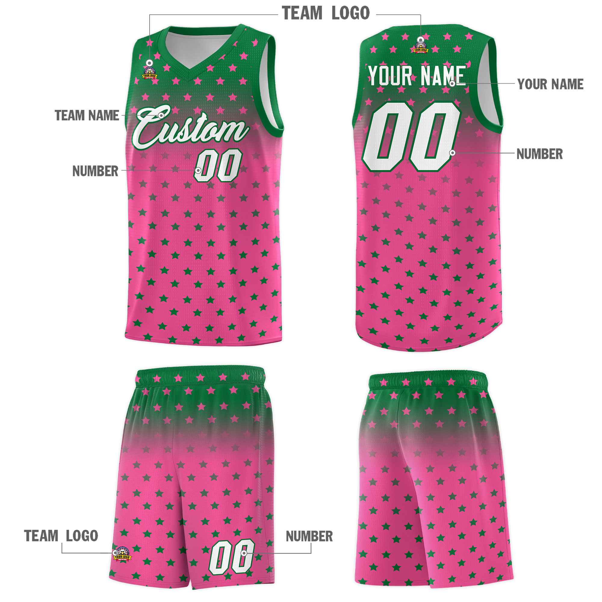 Custom Kelly Green Pink Gradient Start Pattern Basketball Jersey Sets