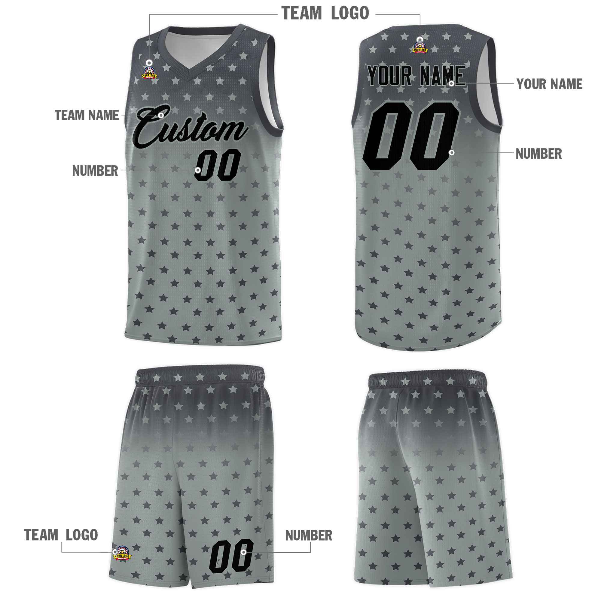 Custom Dark Gray Silver Gradient Start Pattern Basketball Jersey Sets