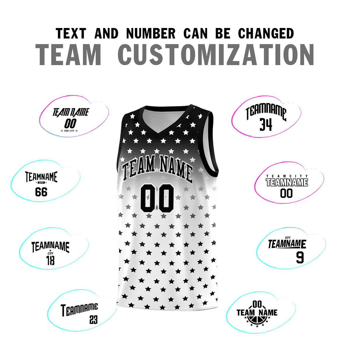 Custom Black White Gradient Start Pattern Basketball Jersey Sets