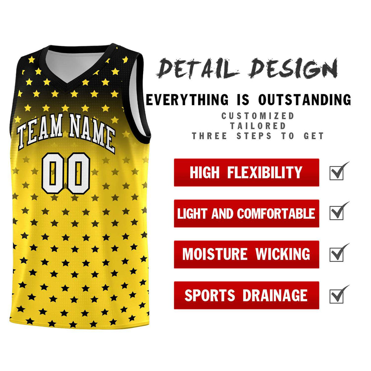 Custom Black Gold Gradient Start Pattern Basketball Jersey Sets