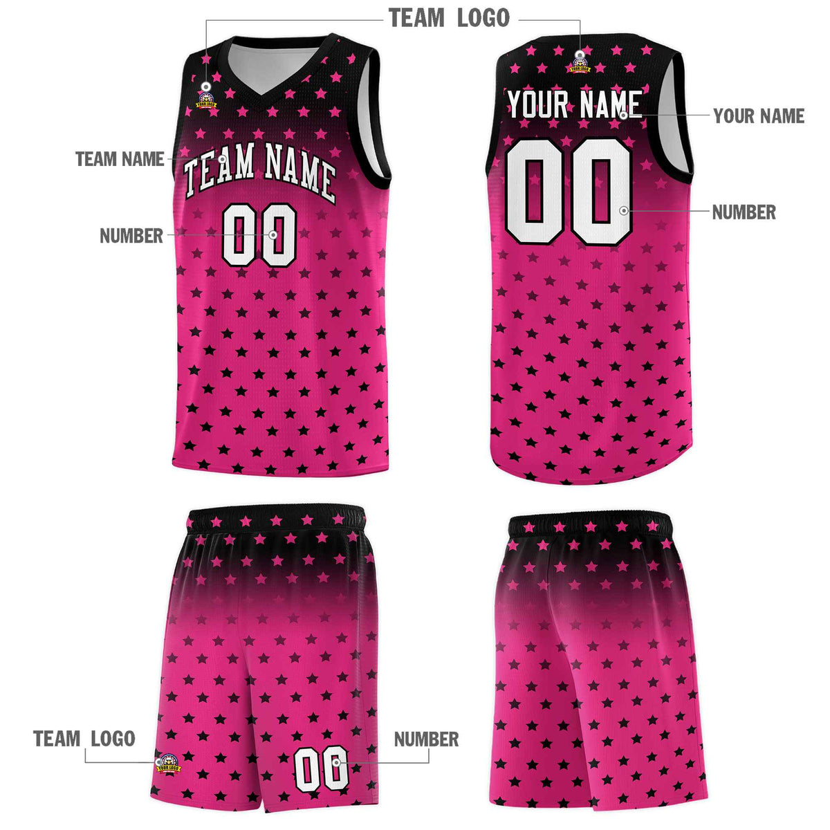 Custom Black Pink Gradient Start Pattern Basketball Jersey Sets