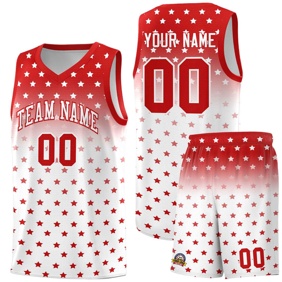 Custom Red White Gradient Start Pattern Basketball Jersey Sets