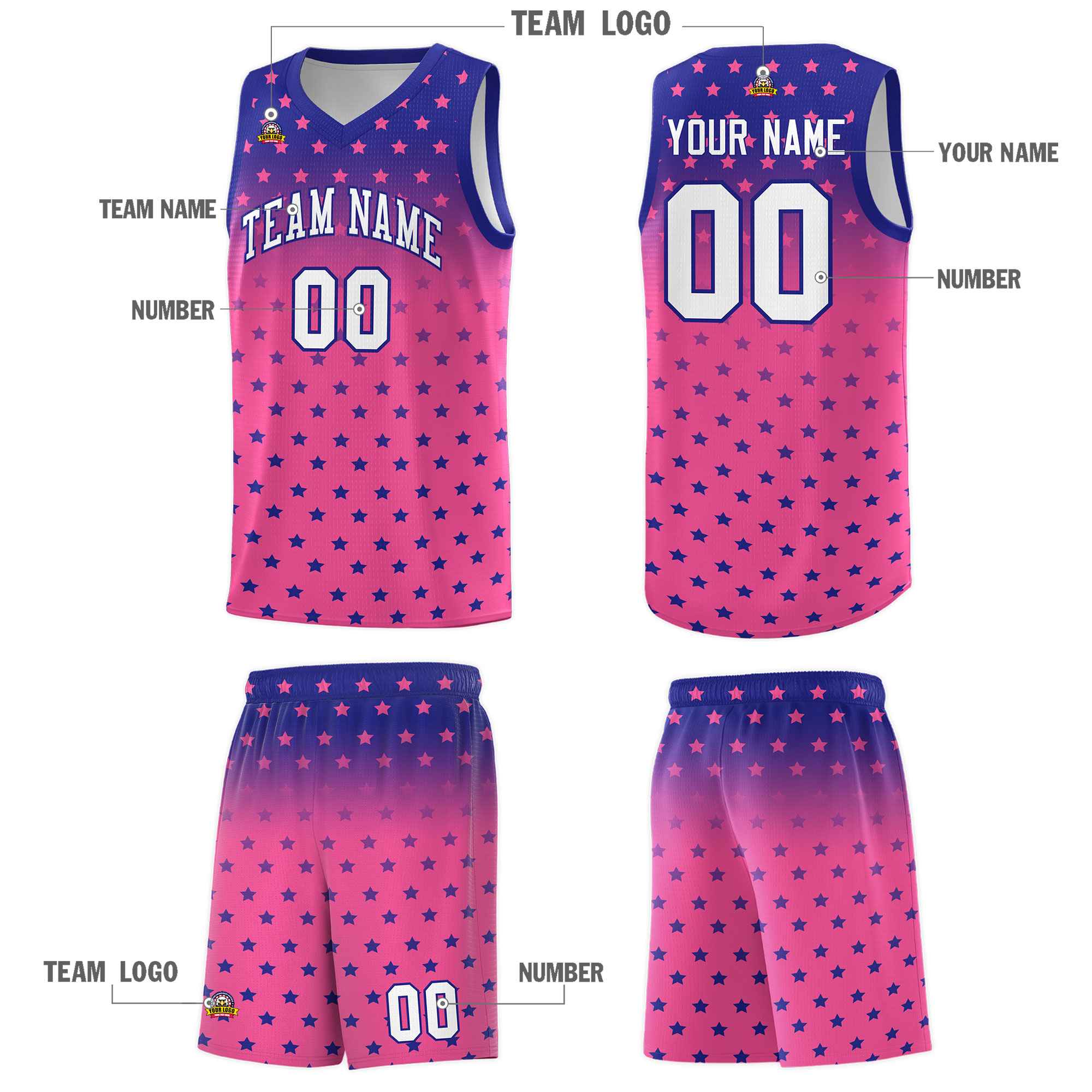 Custom Royal Pink Gradient Start Pattern Basketball Jersey Sets