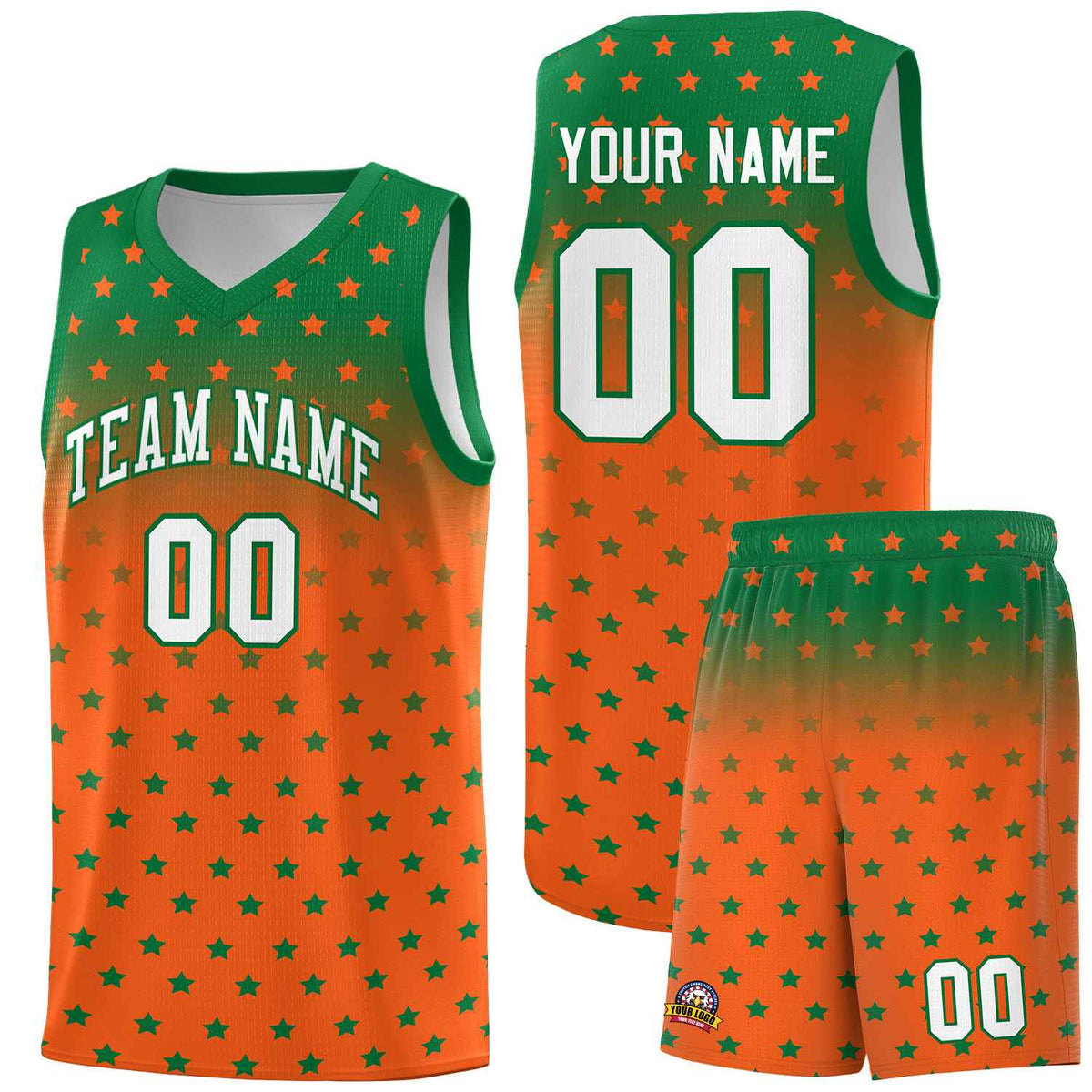 Custom Kelly Green Orange Gradient Start Pattern Basketball Jersey Sets