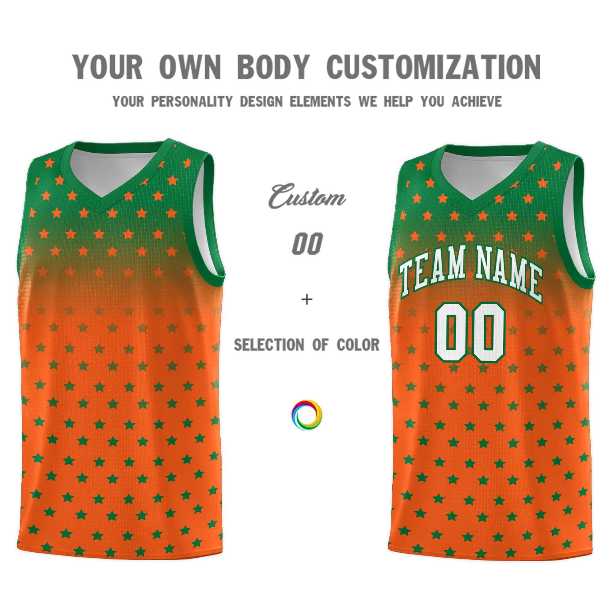 Custom Kelly Green Orange Gradient Start Pattern Basketball Jersey Sets
