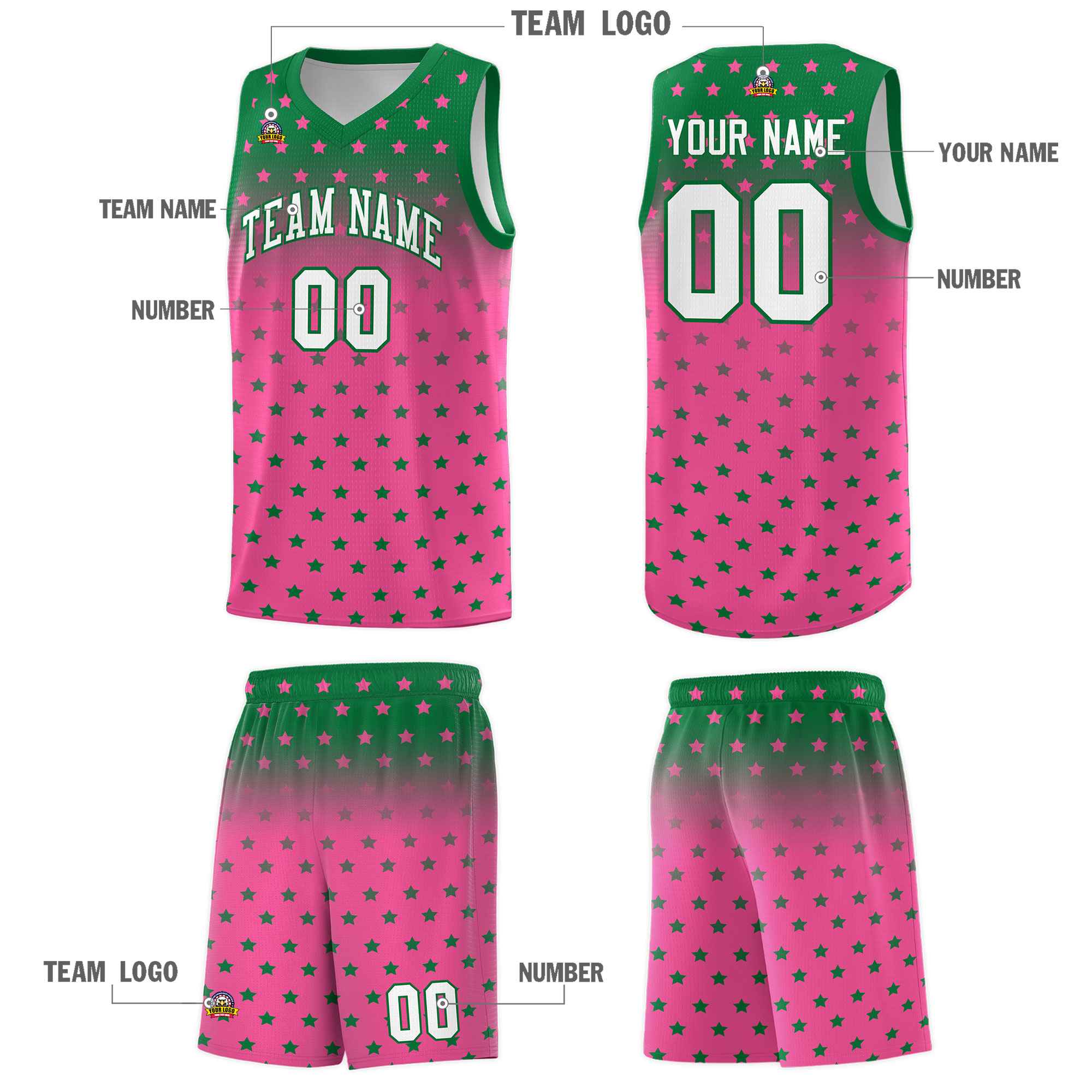 Custom Kelly Green Pink Gradient Start Pattern Basketball Jersey Sets