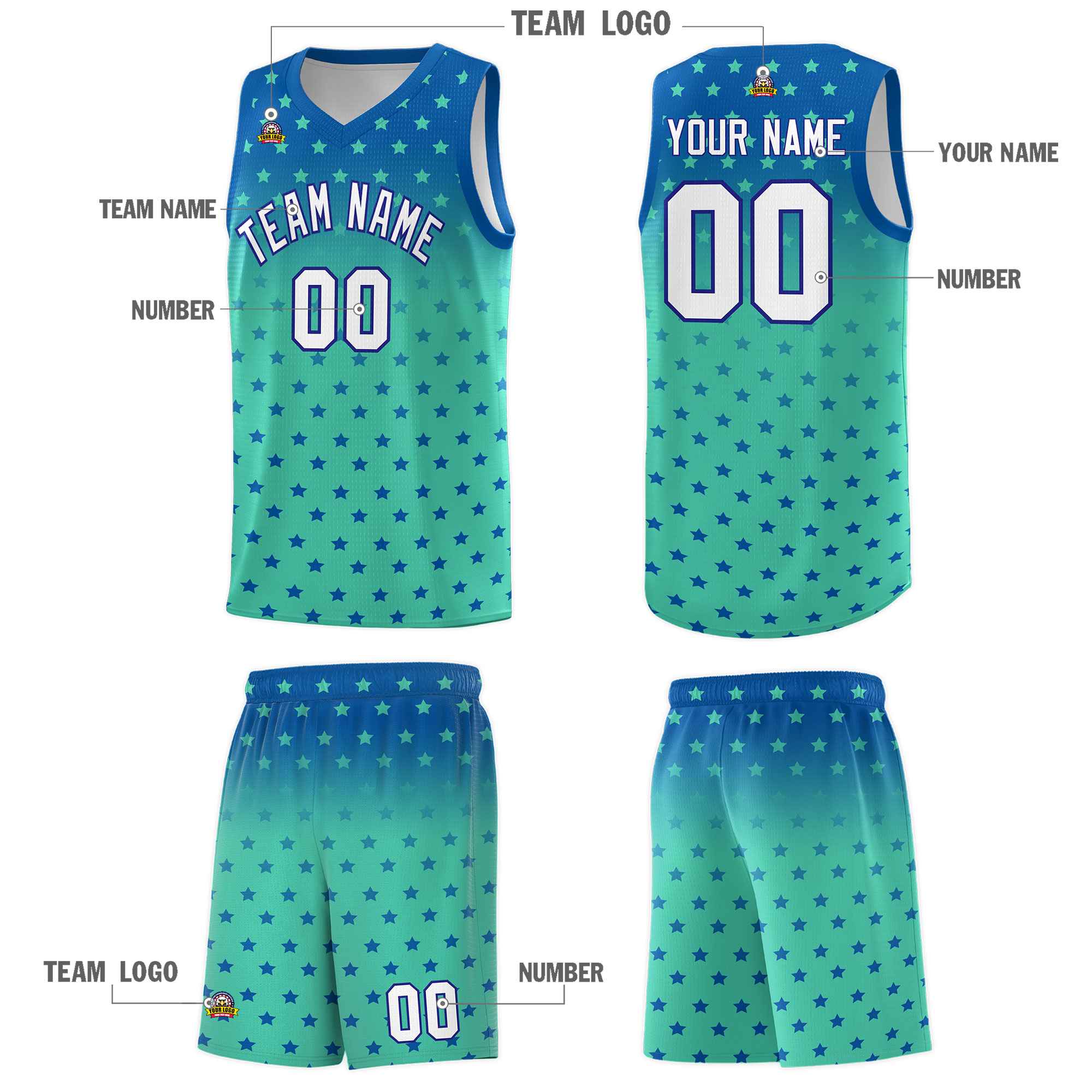 Custom Royal Bright Green Gradient Start Pattern Basketball Jersey Sets