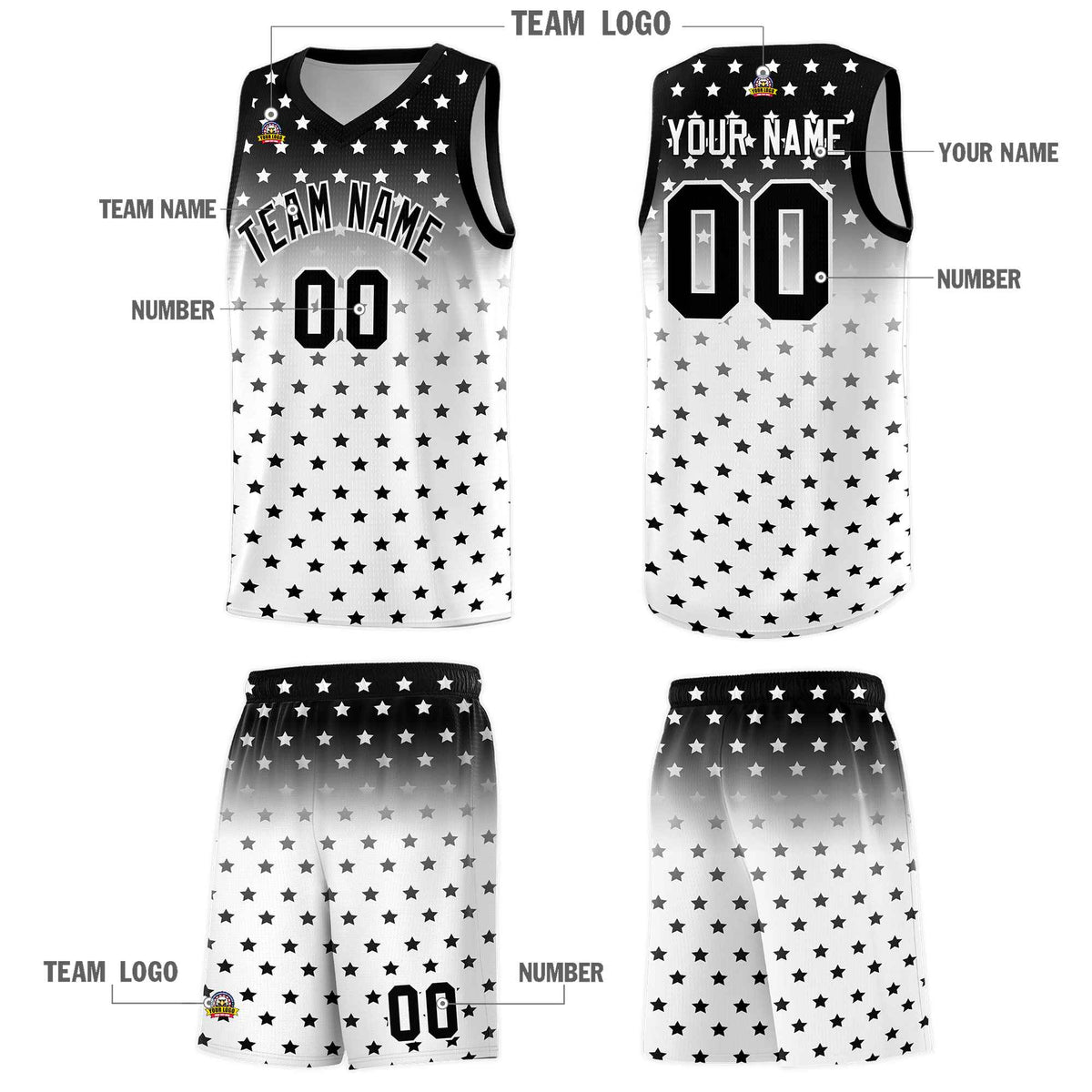 Custom Black White Gradient Start Pattern Basketball Jersey Sets