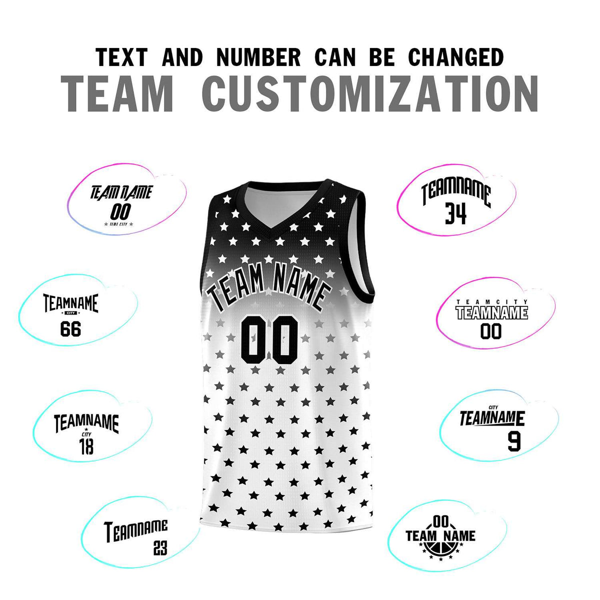 Custom Black White Gradient Start Pattern Basketball Jersey Sets