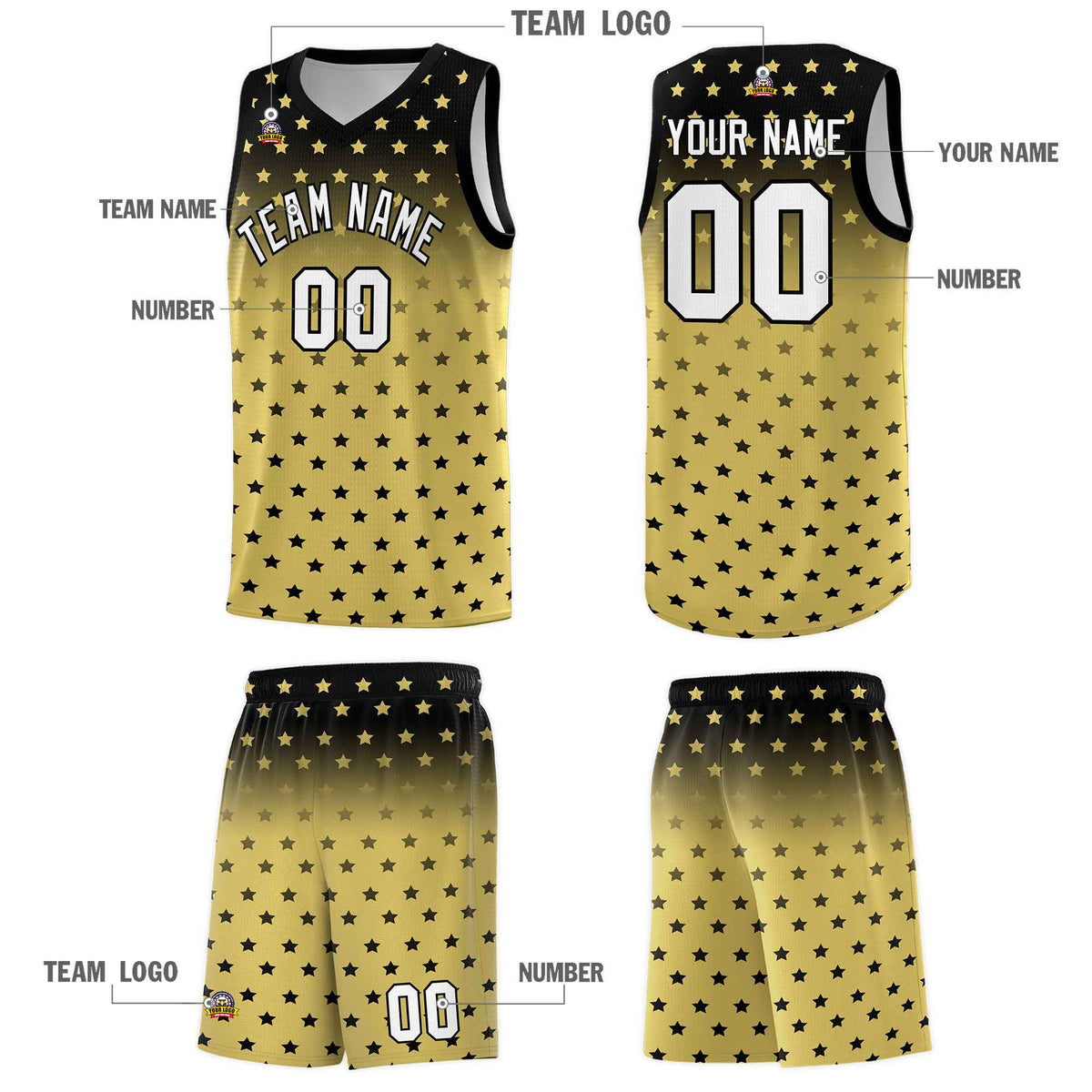 Custom Black Old Gold Gradient Start Pattern Basketball Jersey Sets