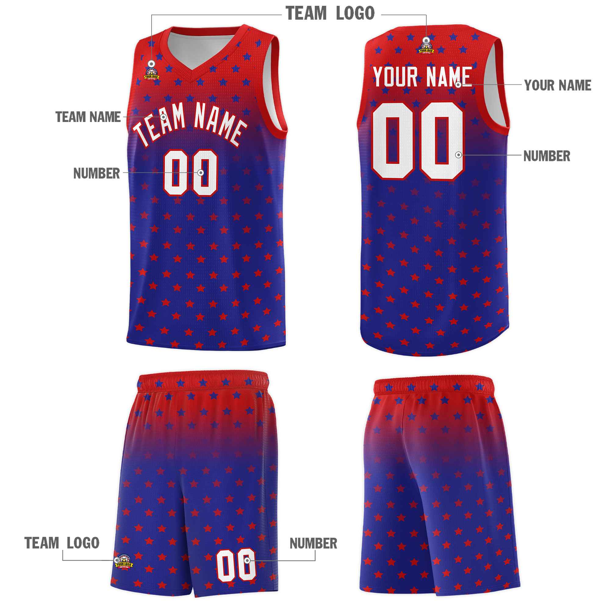 Custom Red Royal Gradient Start Pattern Basketball Jersey Sets