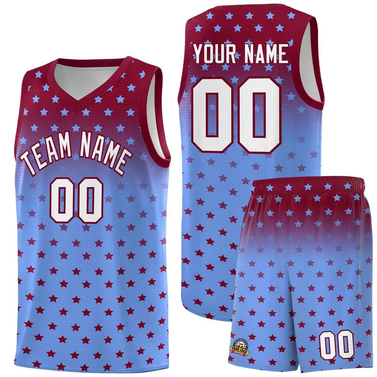 Custom Crimson Light Blue Gradient Start Pattern Basketball Jersey Sets