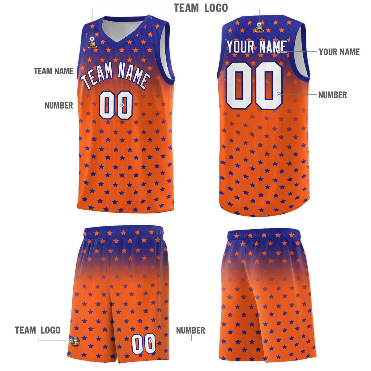 Custom Royal Orange Gradient Start Pattern Basketball Jersey Sets