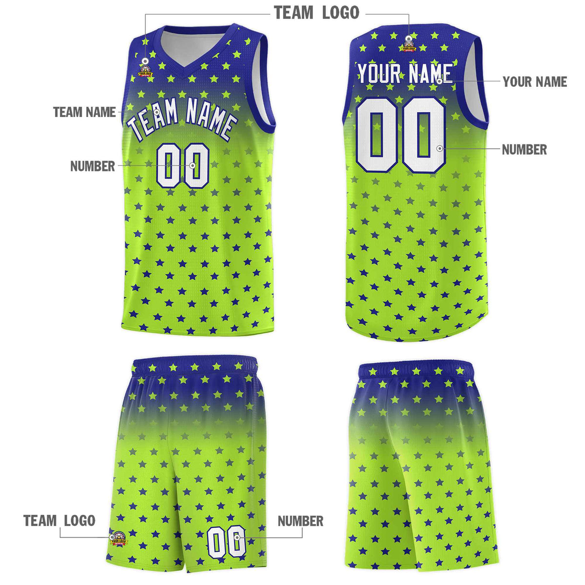 Custom Royal Light Green Gradient Start Pattern Basketball Jersey Sets
