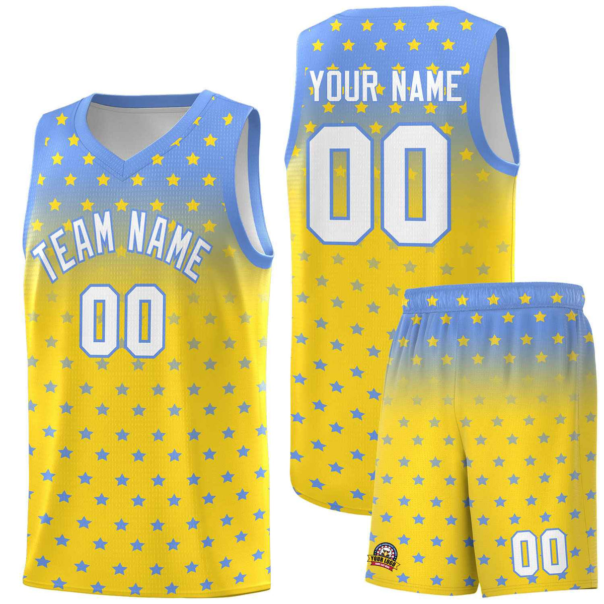 Custom Light Blue Gold Gradient Start Pattern Basketball Jersey Sets