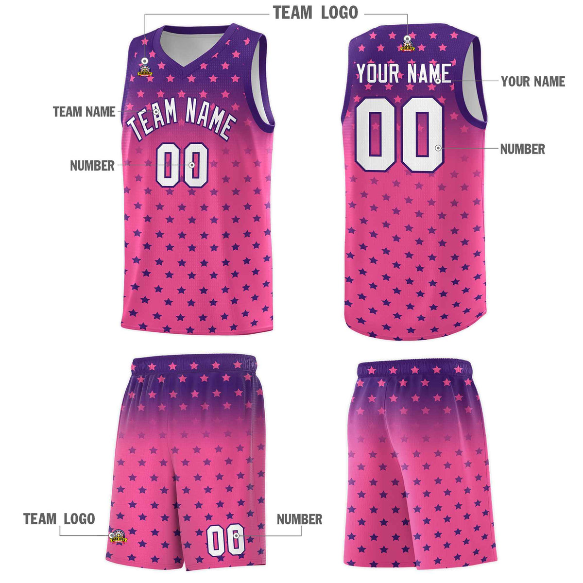 Custom Purple Pink Gradient Start Pattern Basketball Jersey Sets