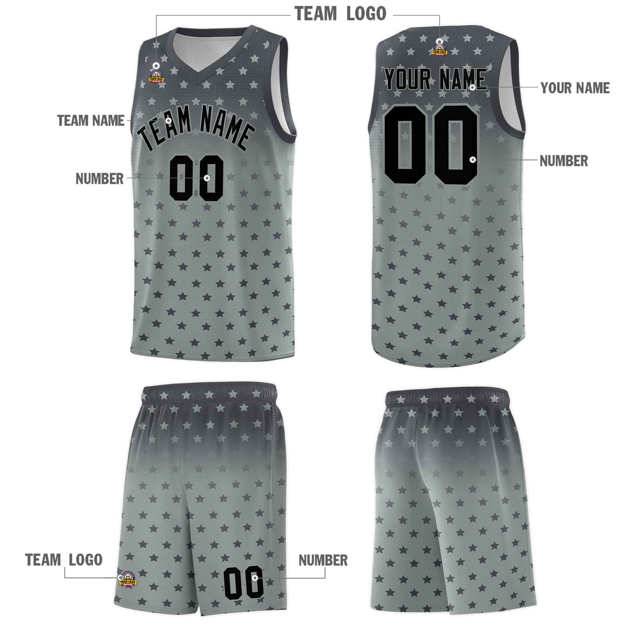 Custom Dark Gray Silver Gradient Start Pattern Basketball Jersey Sets