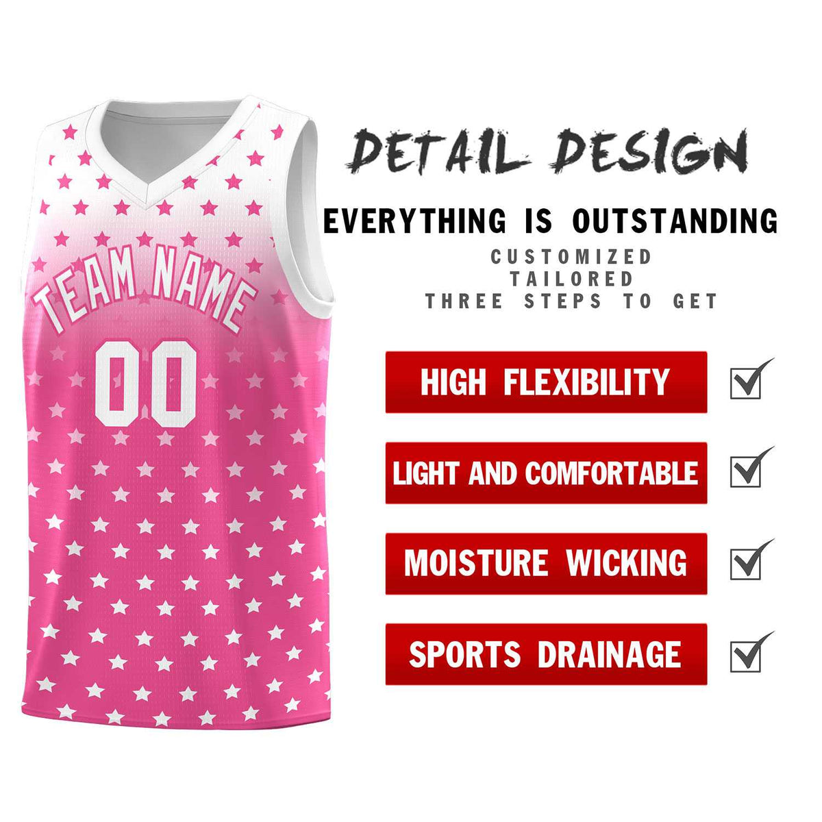 Custom White Pink Gradient Start Pattern Basketball Jersey Sets