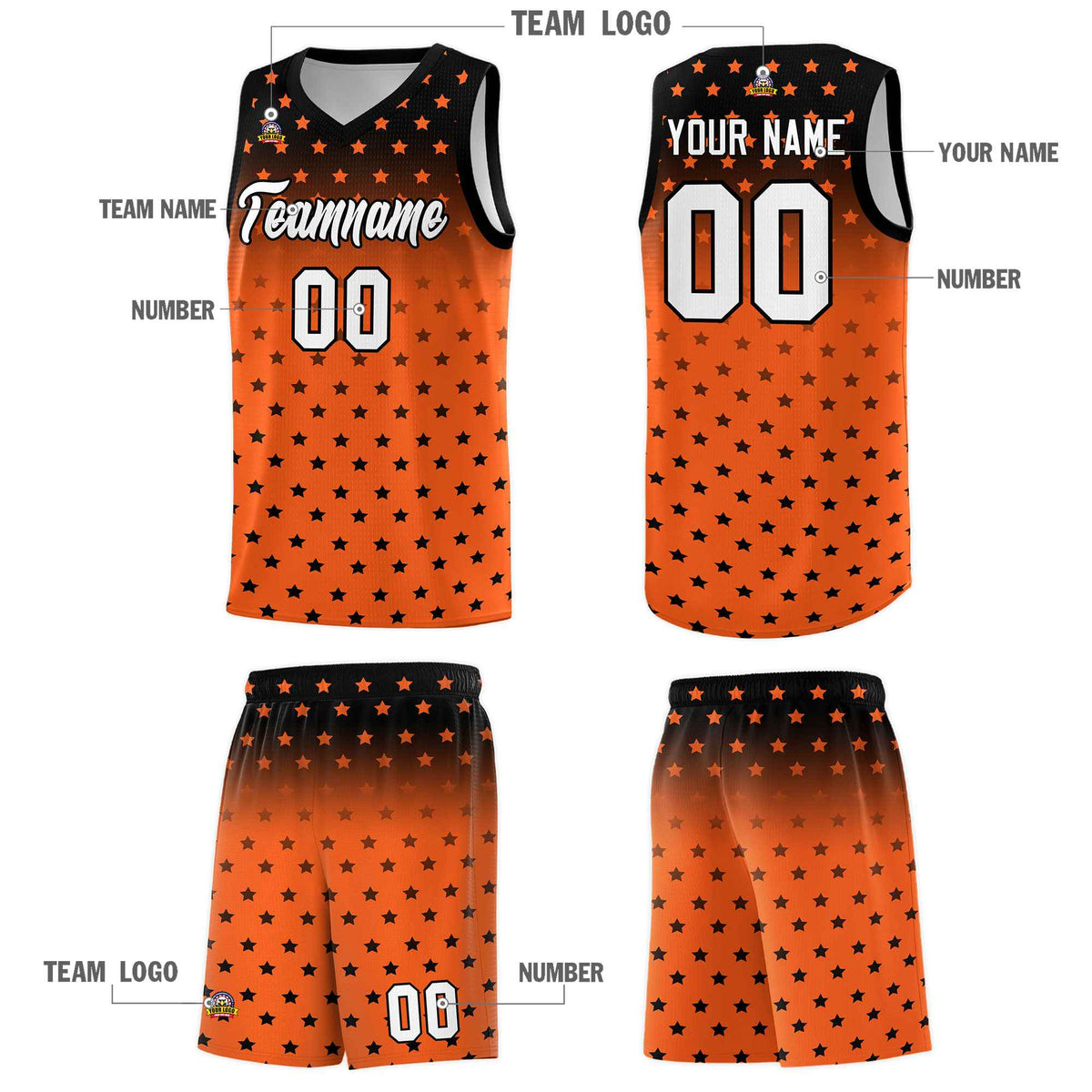Custom Black Orange Gradient Start Pattern Basketball Jersey Sets