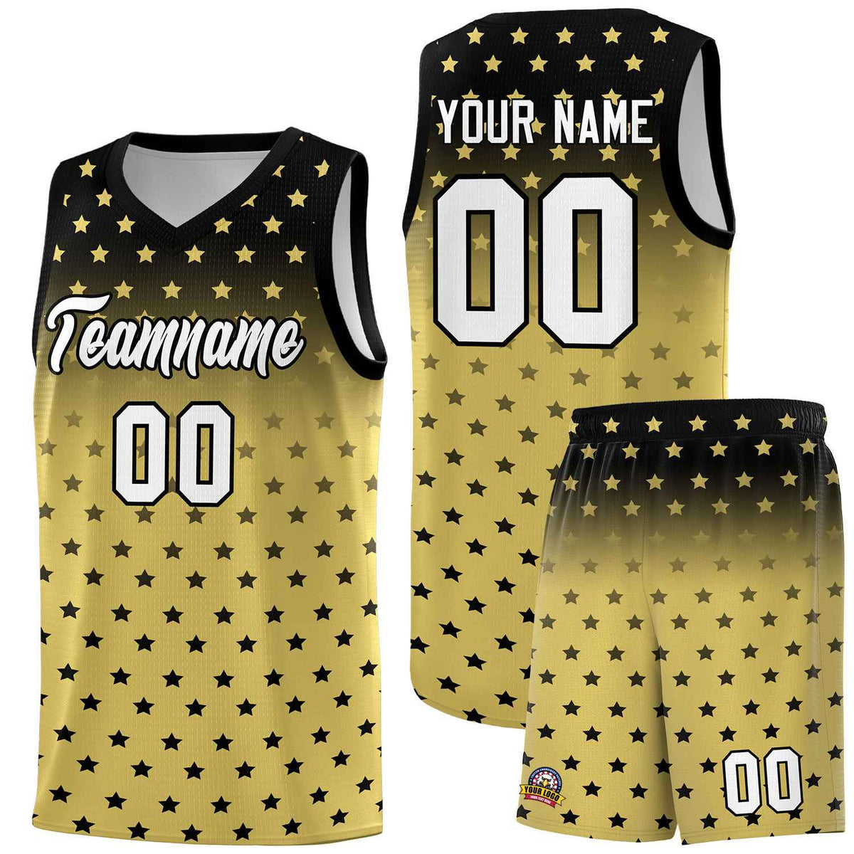 Custom Black Old Gold Gradient Start Pattern Basketball Jersey Sets