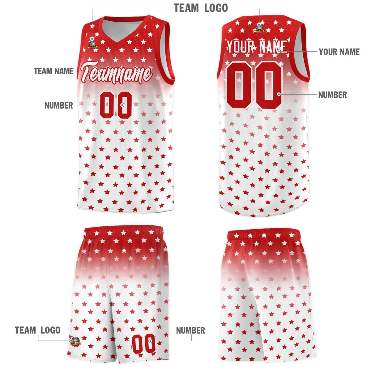 Custom Red White Gradient Start Pattern Basketball Jersey Sets
