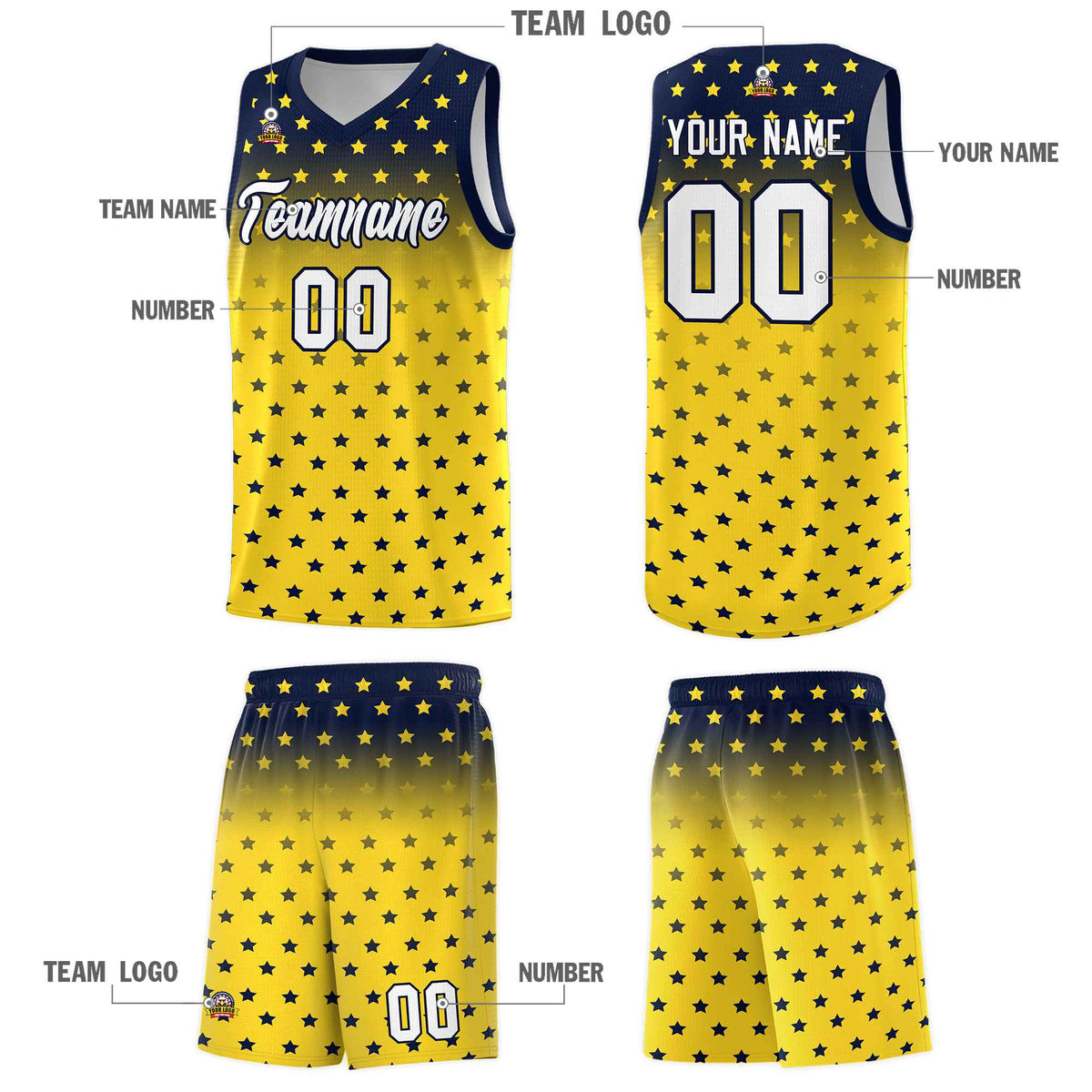 Custom Navy Gold Gradient Start Pattern Basketball Jersey Sets