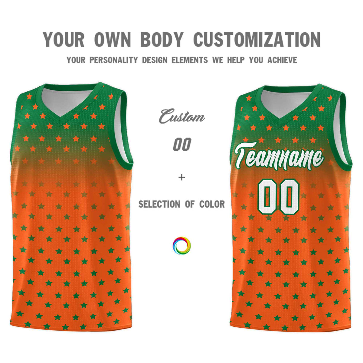 Custom Kelly Green Orange Gradient Start Pattern Basketball Jersey Sets
