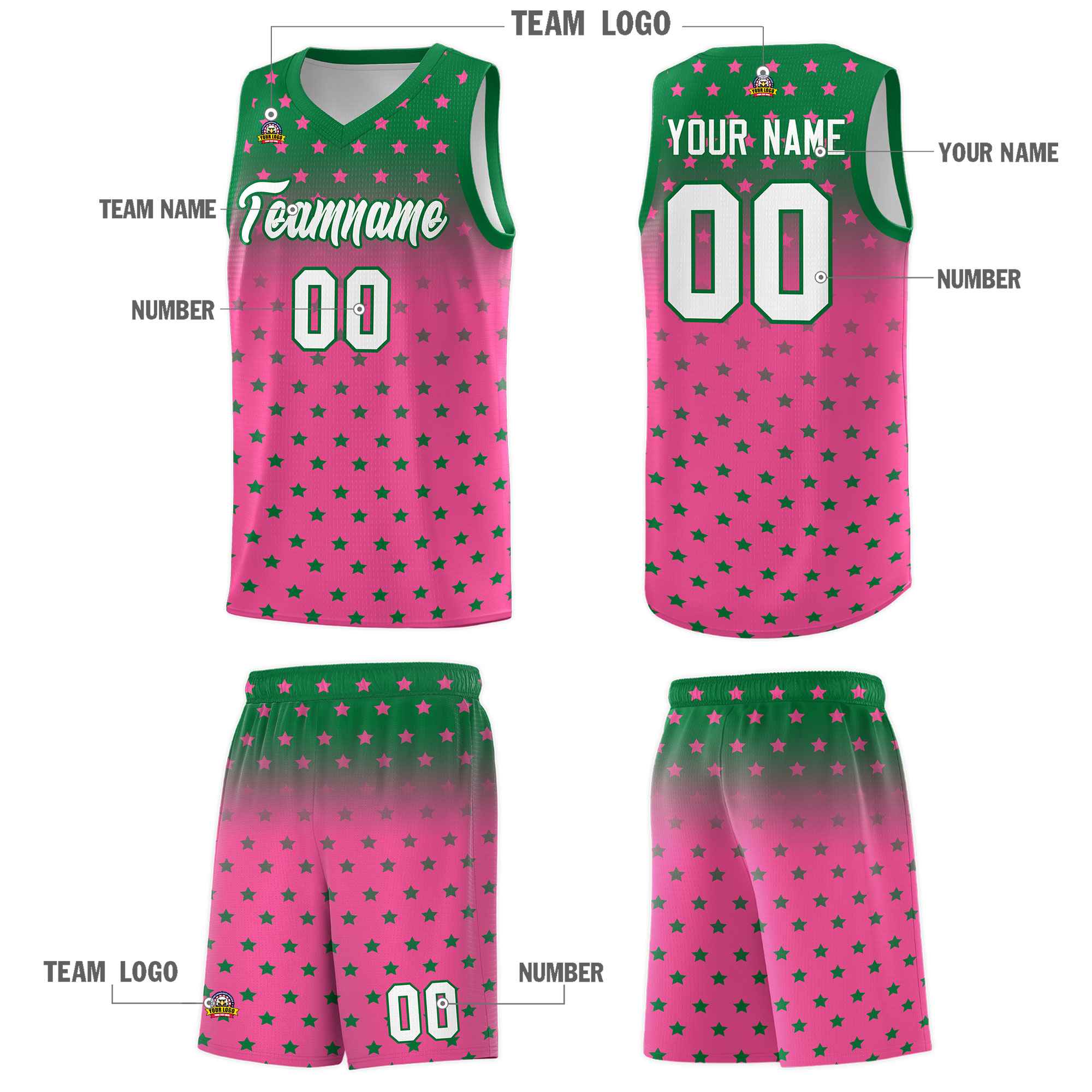 Custom Kelly Green Pink Gradient Start Pattern Basketball Jersey Sets