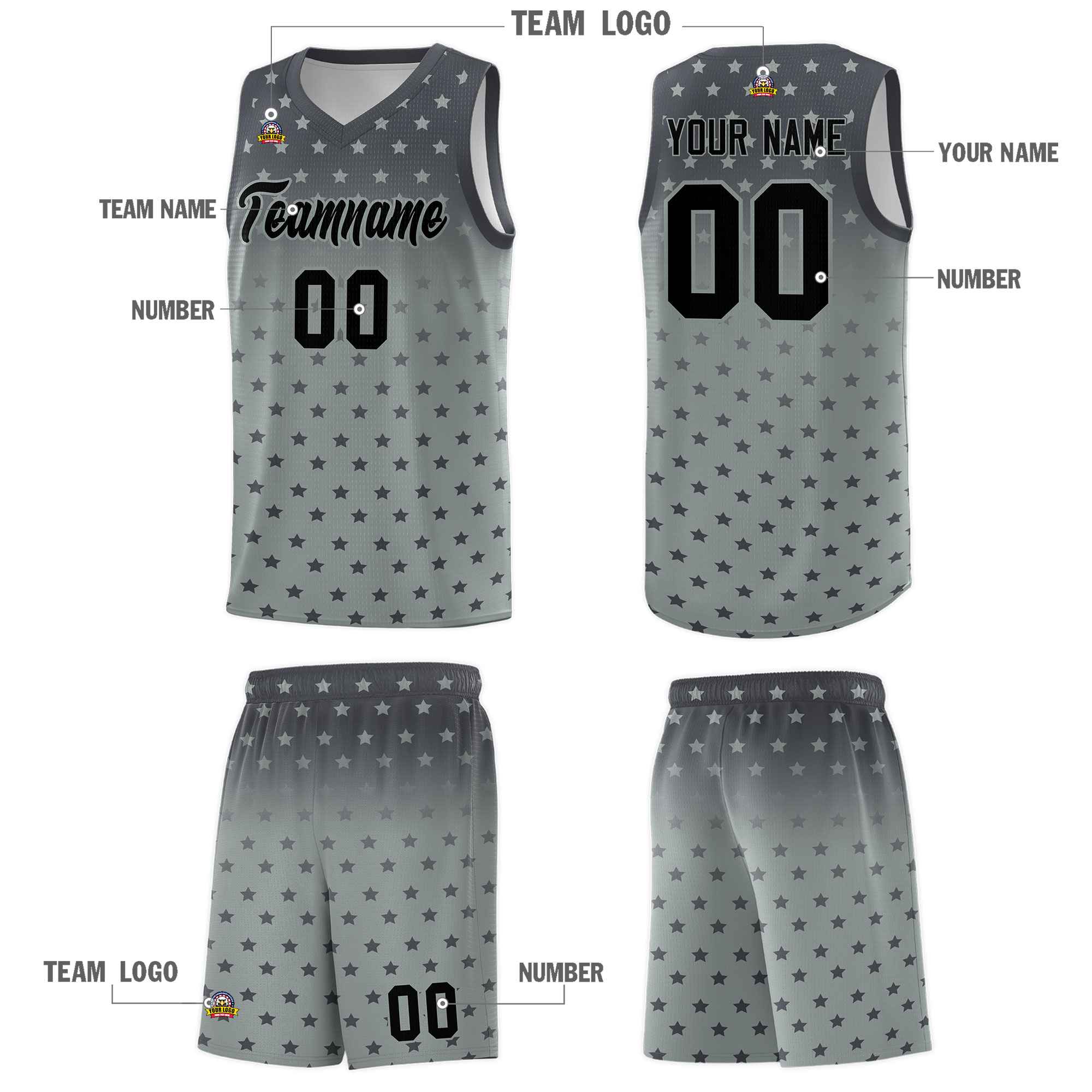 Custom Dark Gray Silver Gradient Start Pattern Basketball Jersey Sets