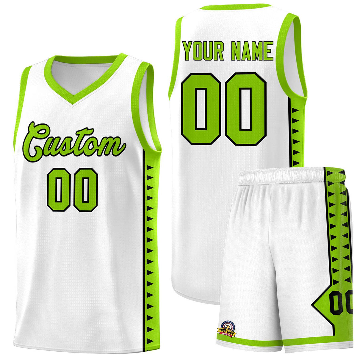 Custom White Neon Green Basketball Kits With Side Zigzag Pattern