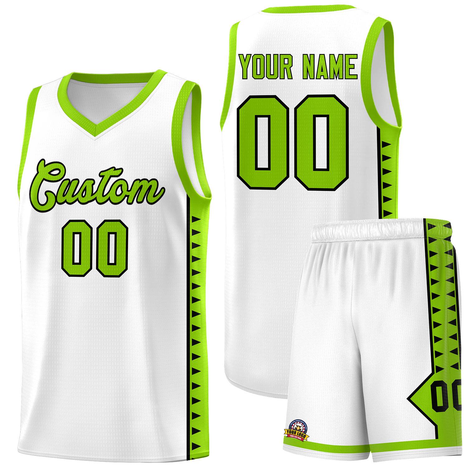 Custom White Neon Green Basketball Kits With Side Zigzag Pattern