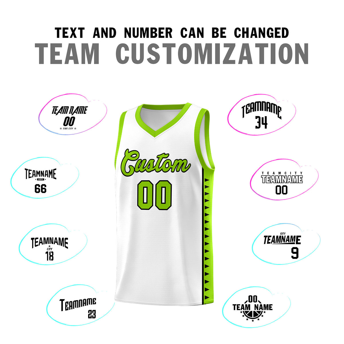 Custom White Neon Green Basketball Kits With Side Zigzag Pattern
