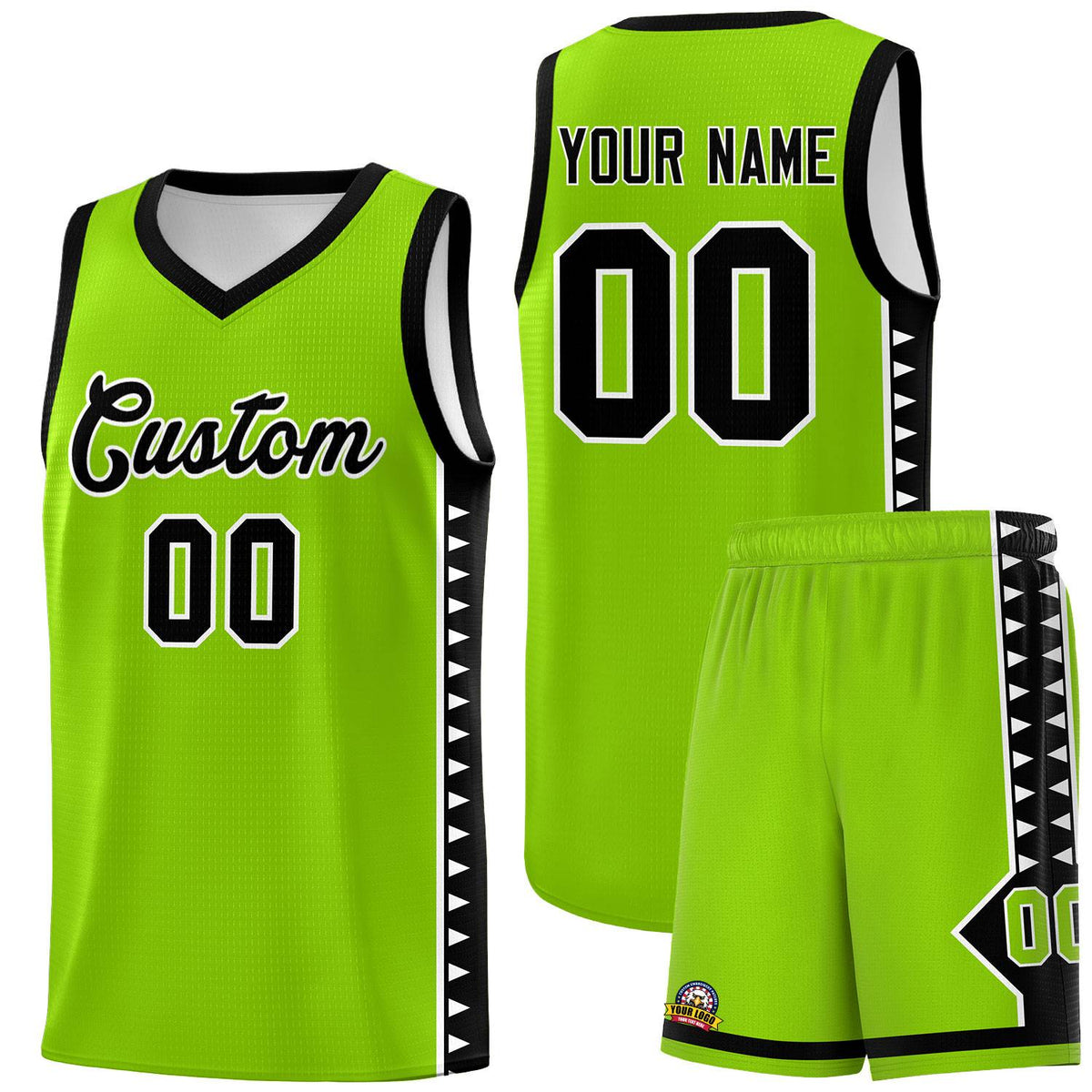 Custom Neon Green Black Basketball Kits With Side Zigzag Pattern