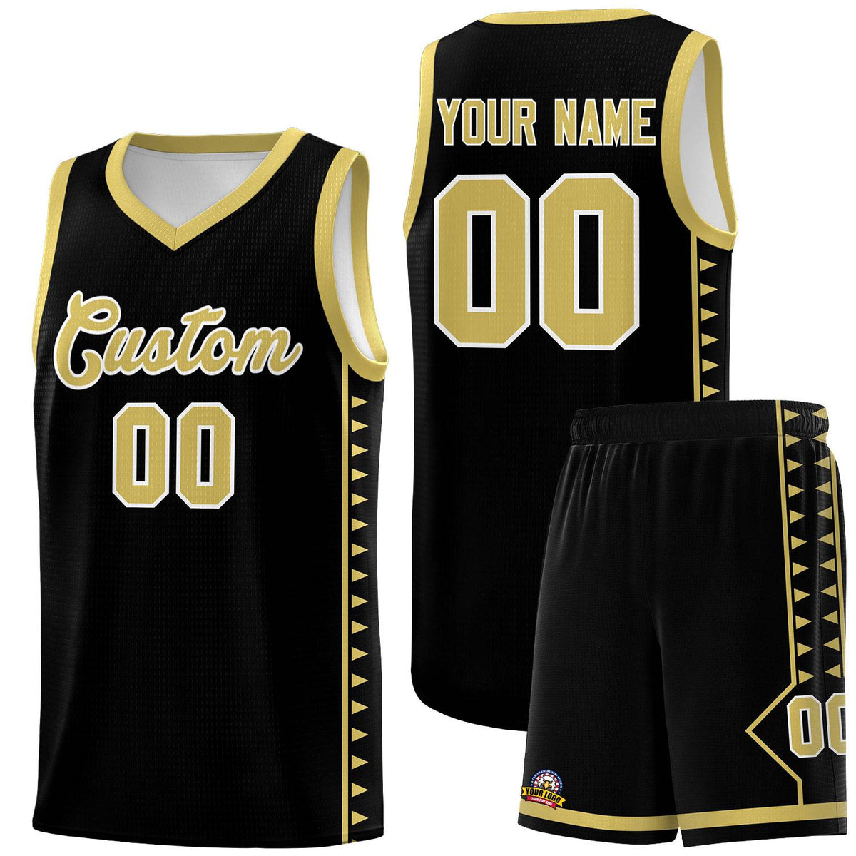 Custom Black Old Gold Basketball Kits With Side Zigzag Pattern