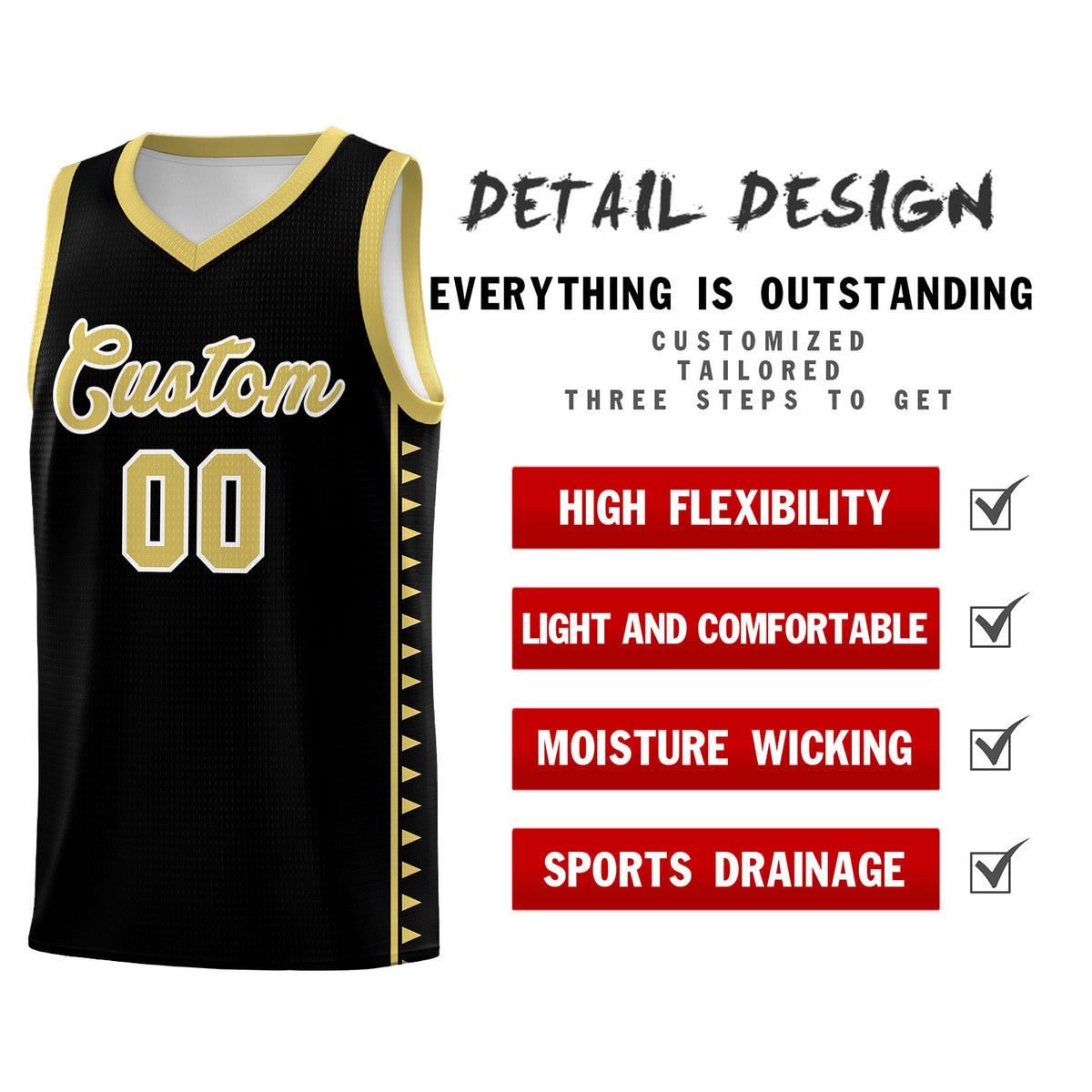 Custom Black Old Gold Basketball Kits With Side Zigzag Pattern