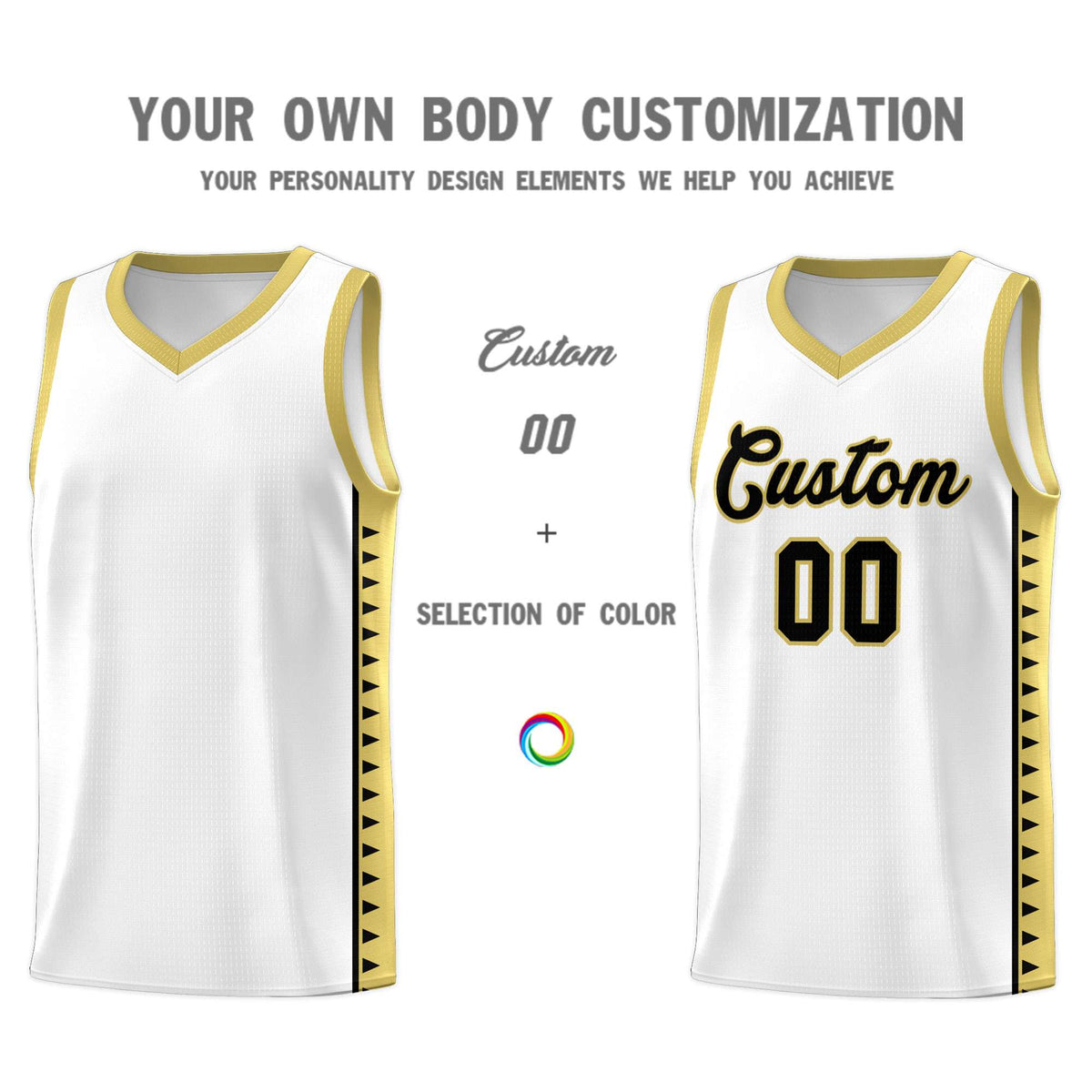 Custom White Old Gold Basketball Kits With Side Zigzag Pattern