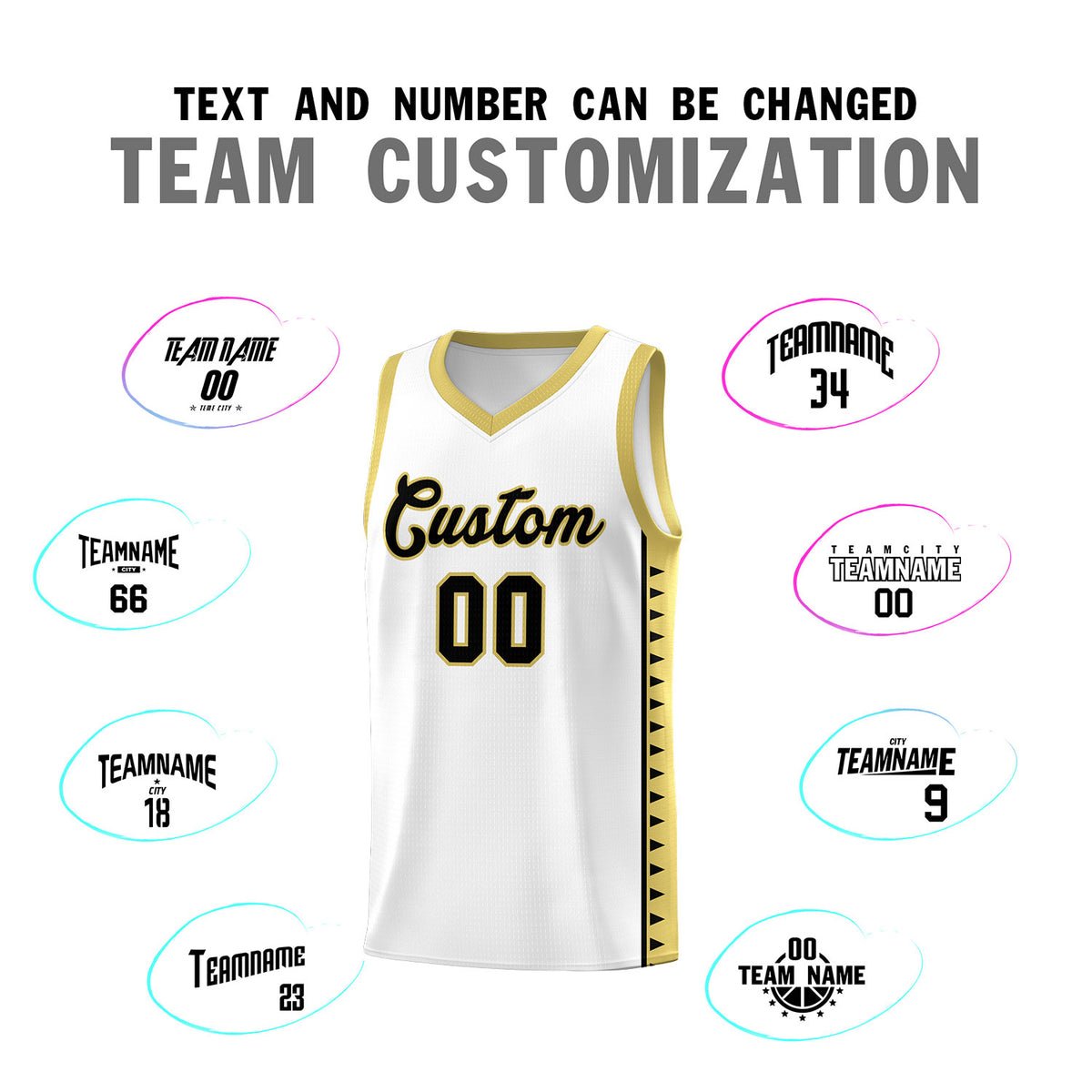 Custom White Old Gold Basketball Kits With Side Zigzag Pattern