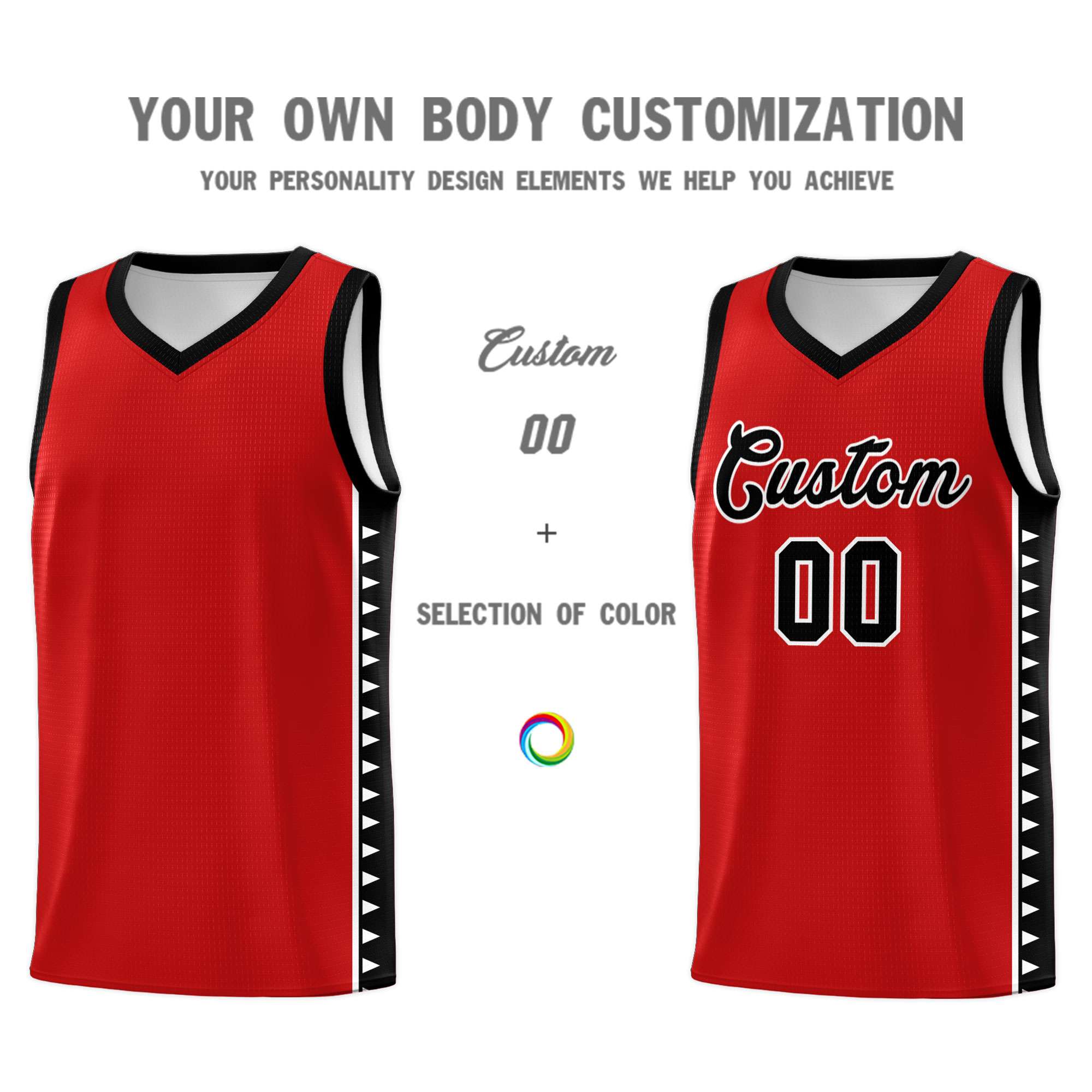 Custom Red Black Basketball Kits With Side Zigzag Pattern